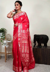 Red Baluchari Pure Silk Saree with Blouse Piece - Adi Akshoy & Co.