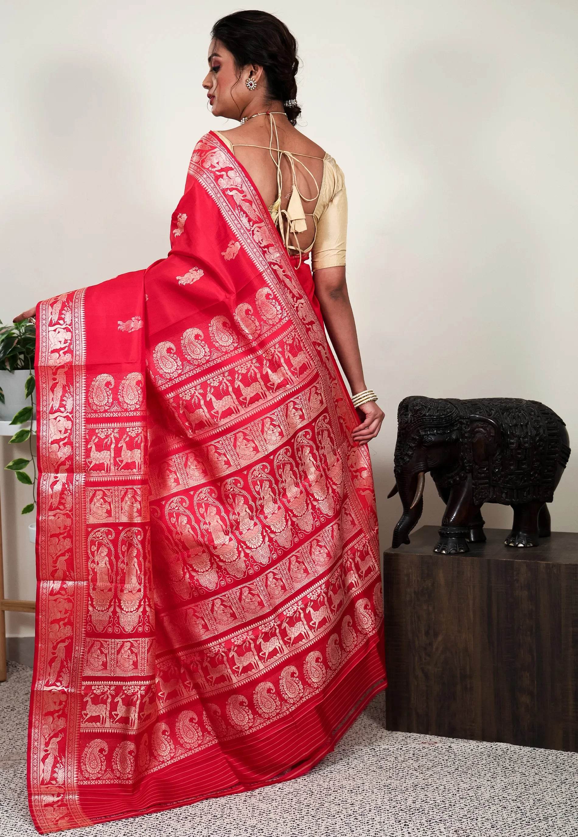 Red Baluchari Pure Silk Saree with Blouse Piece - Adi Akshoy & Co.