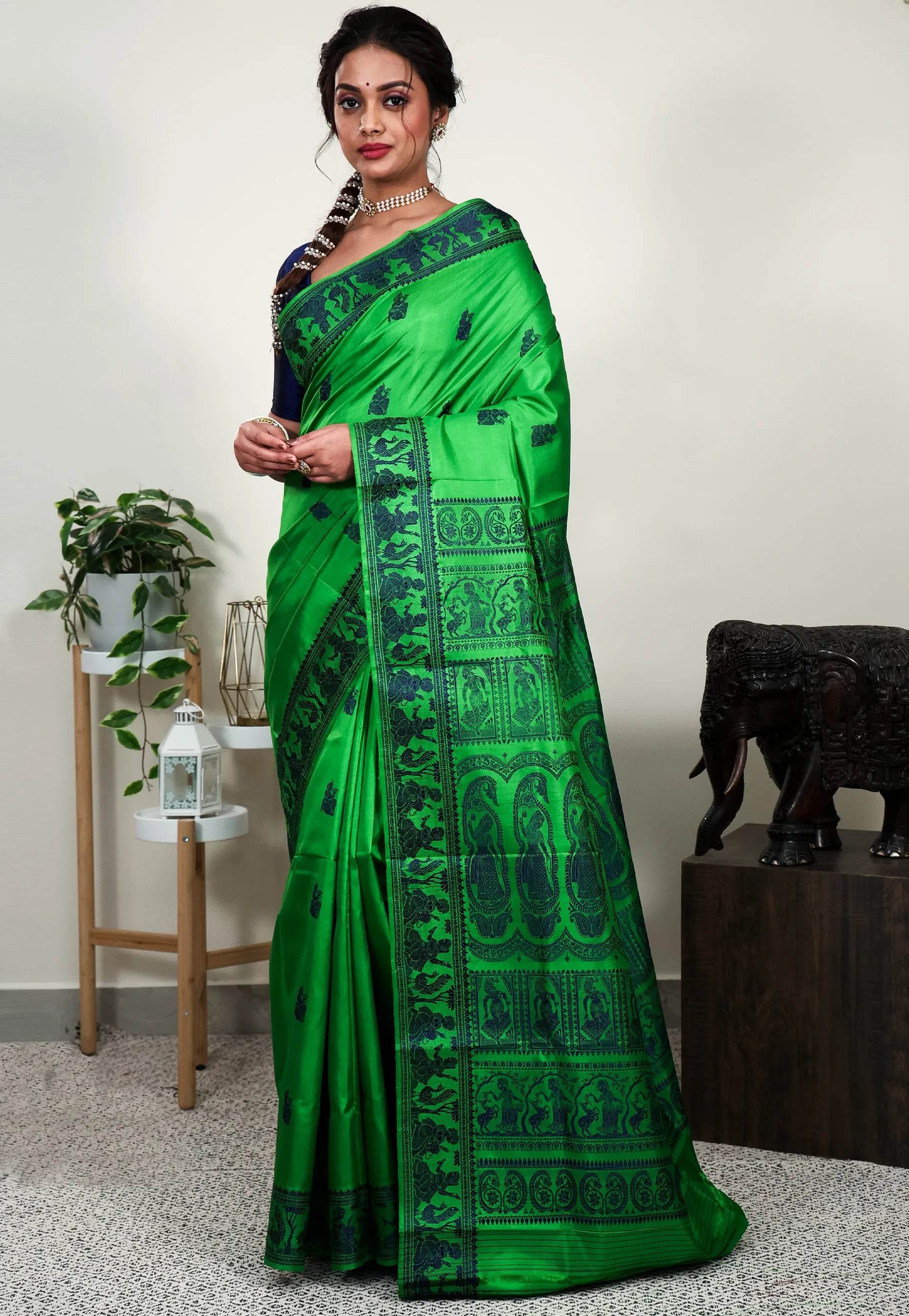 Parrot Green Baluchari Pure Silk Saree with Blouse Piece - Adi Akshoy & Co.