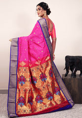 Rani Pink with Purple Border Paithani Silk Saree With Blouse Piece - Adi Akshoy & Co.