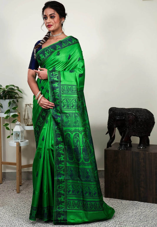 Parrot Green Baluchari Pure Silk Saree with Blouse Piece - Adi Akshoy & Co.