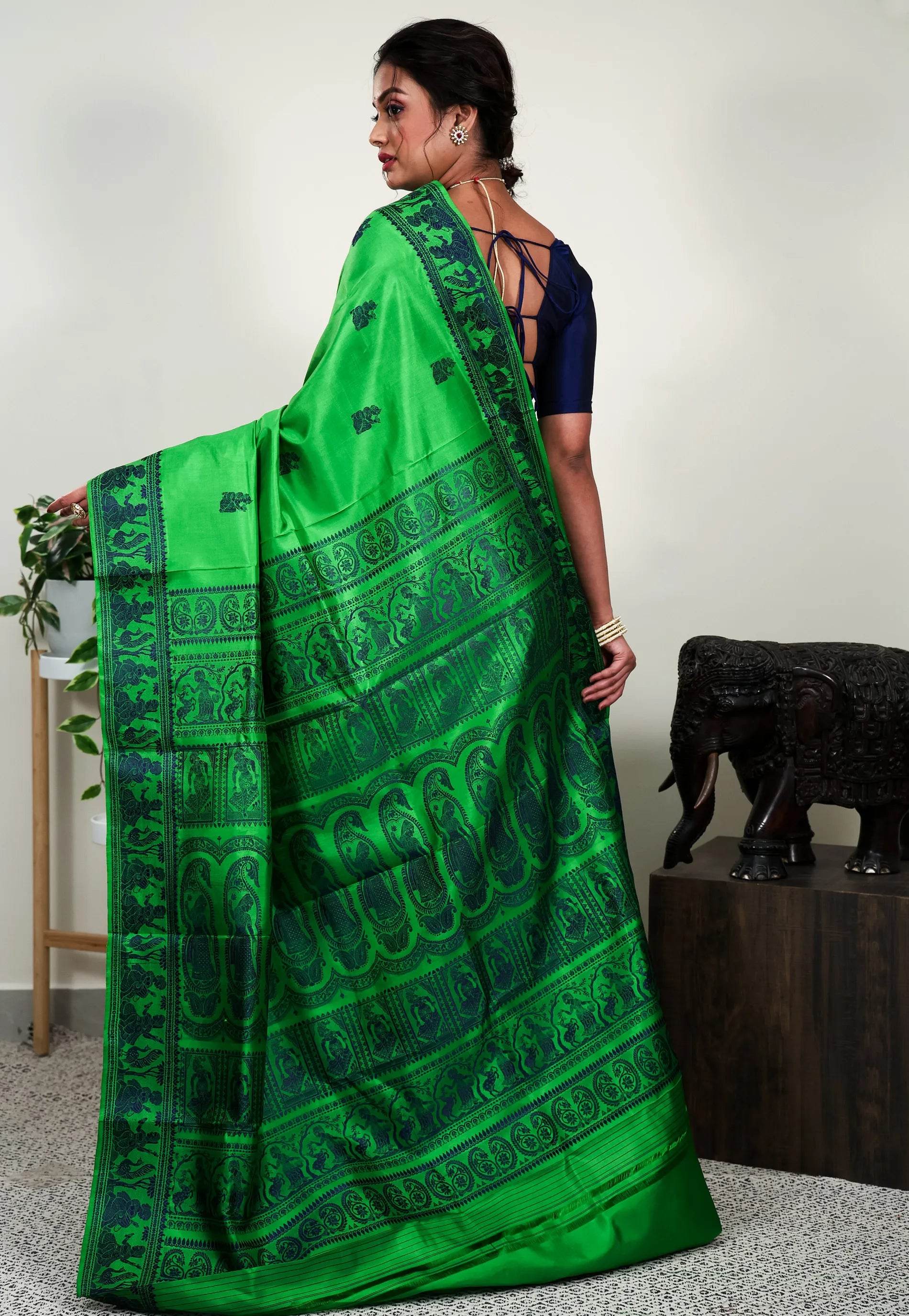 Parrot Green Baluchari Pure Silk Saree with Blouse Piece - Adi Akshoy & Co.