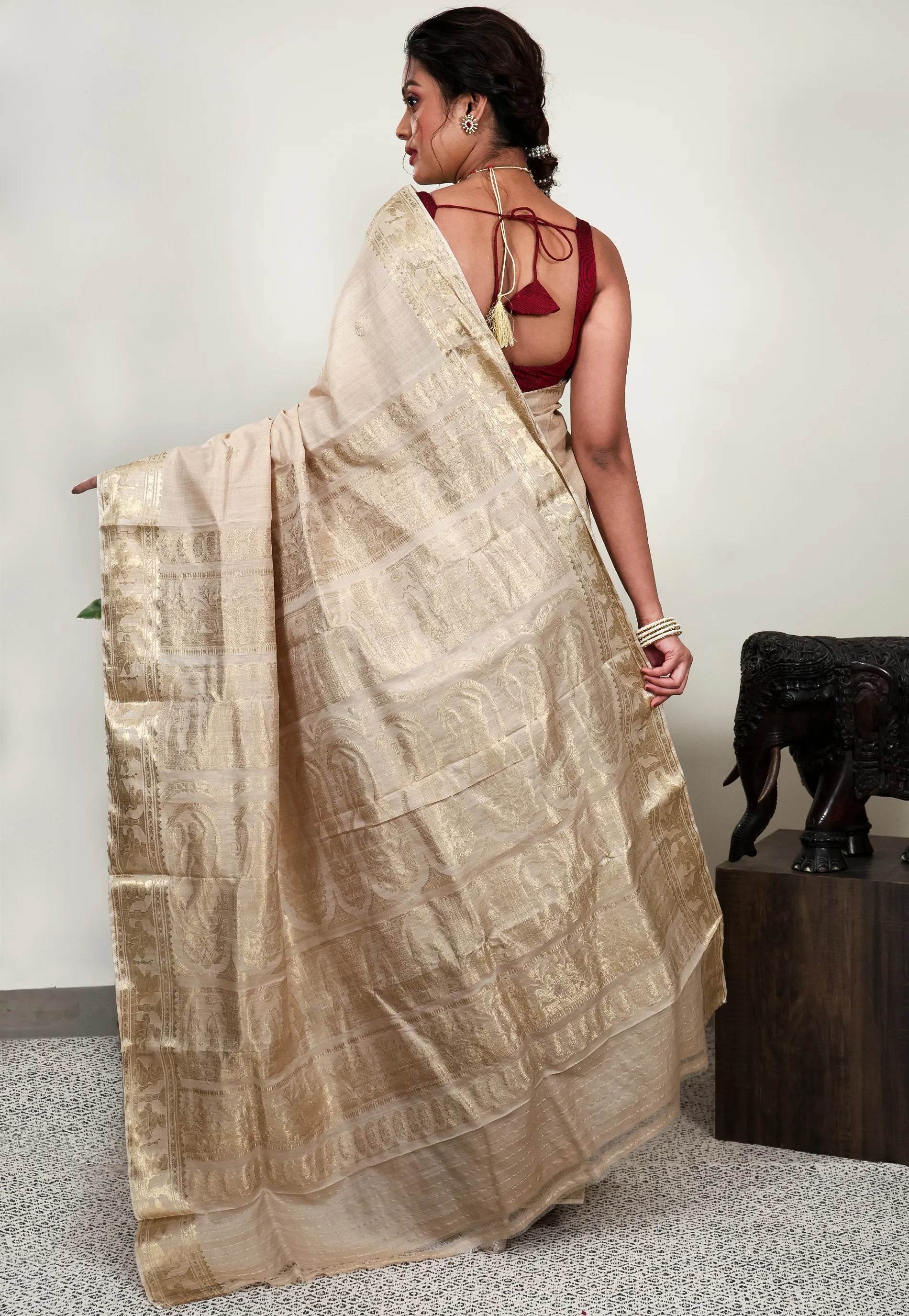 Pure Tussar Baluchari Pure Silk Saree with Blouse Piece - Adi Akshoy & Co.