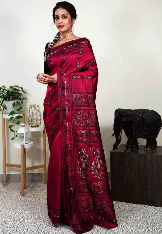 Magenta Baluchari Pure Silk Saree with Blouse Piece - Adi Akshoy & Co.