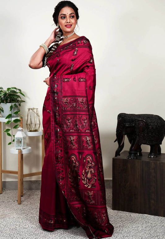 Magenta Baluchari Pure Silk Saree with Blouse Piece - Adi Akshoy & Co.