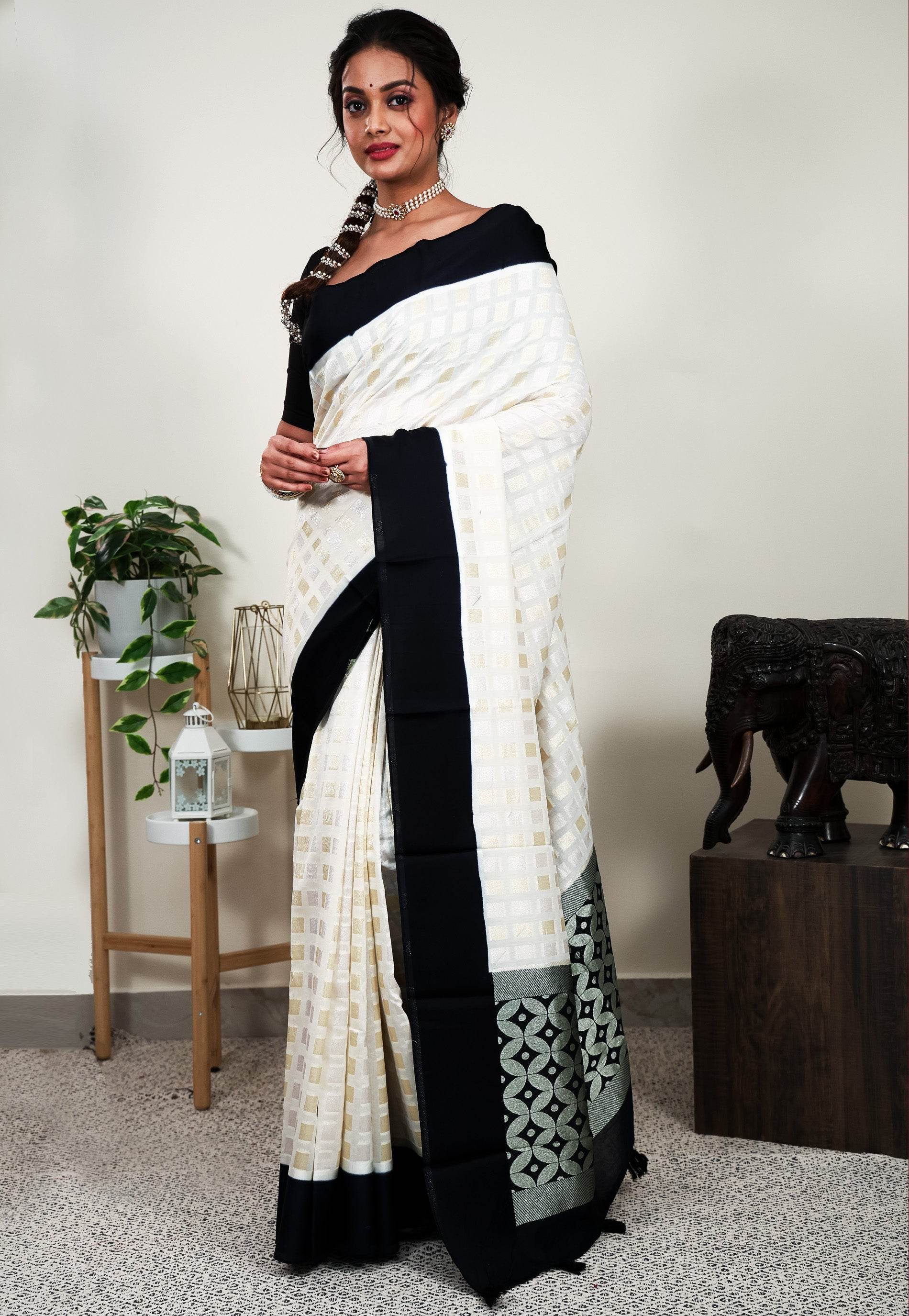 White Tussar Silk Saree with Blouse Piece - Adi Akshoy & Co.