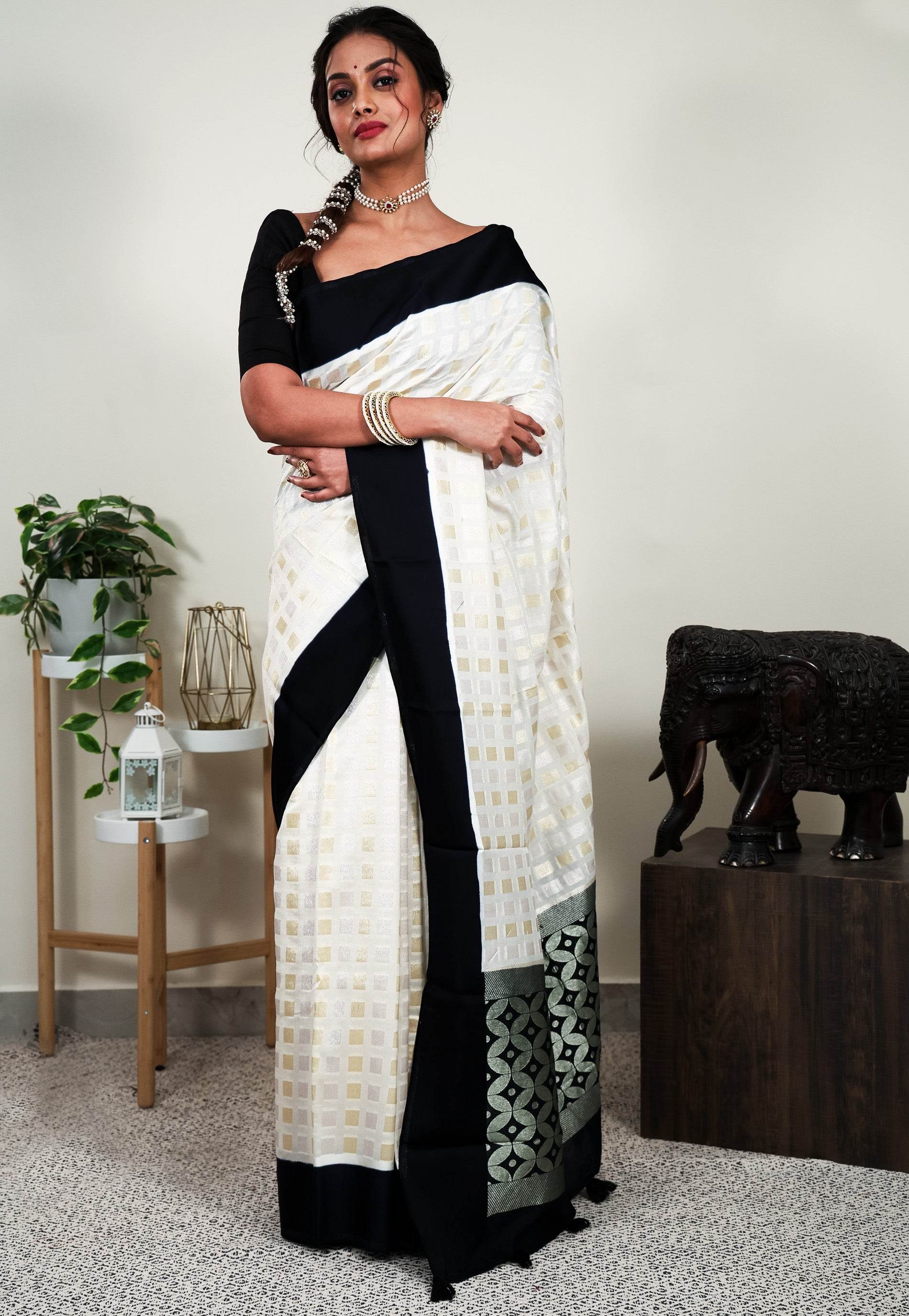 White Tussar Silk Saree with Blouse Piece - Adi Akshoy & Co.