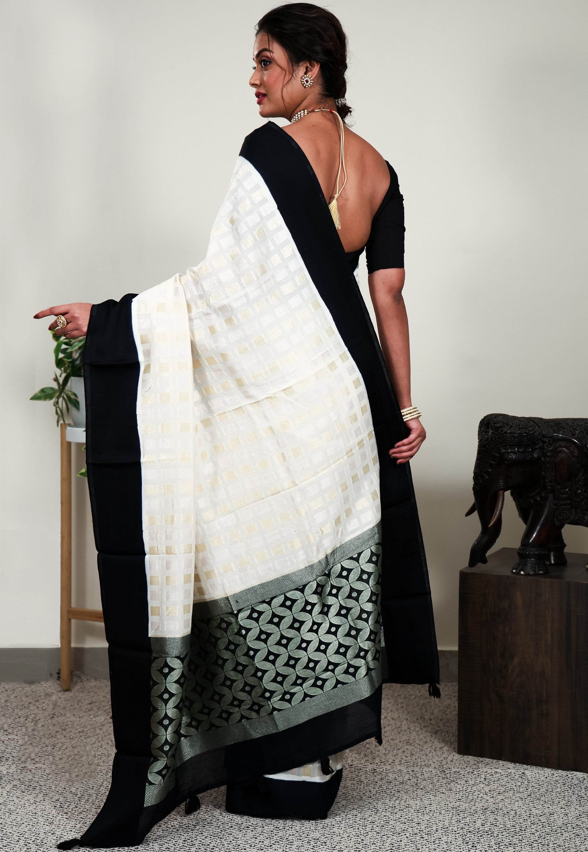 White Tussar Silk Saree with Blouse Piece - Adi Akshoy & Co.