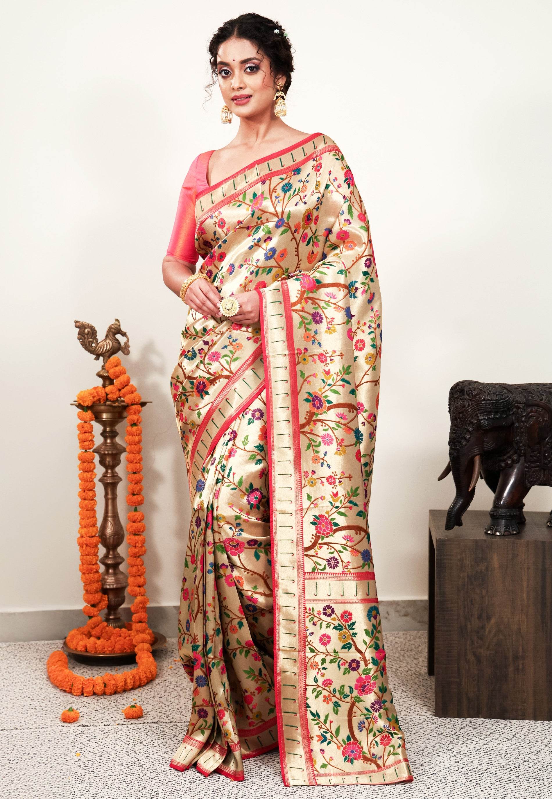 Golden Paithani Silk Saree With Blouse Piece - Adi Akshoy & Co.