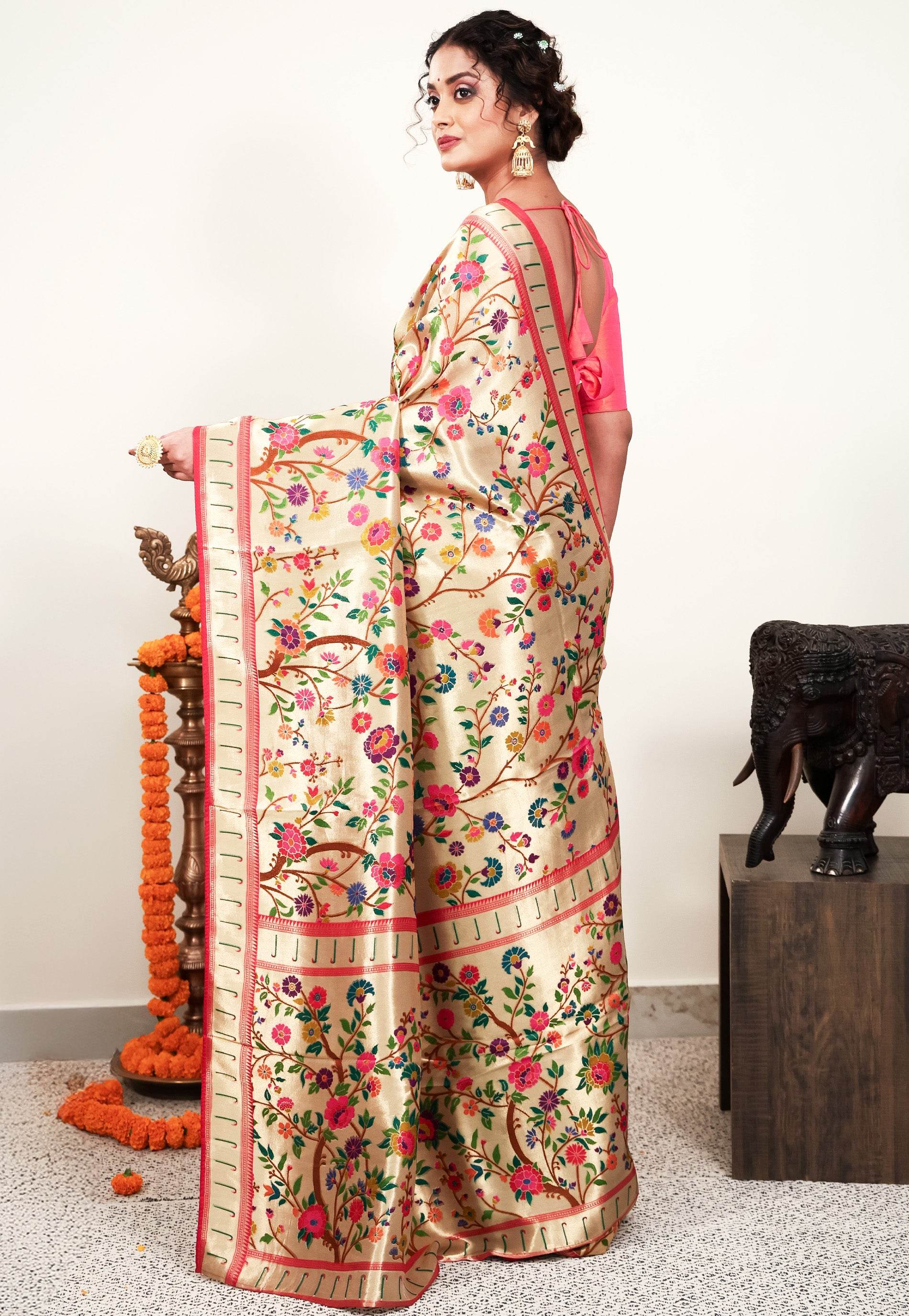 Golden Paithani Silk Saree With Blouse Piece - Adi Akshoy & Co.