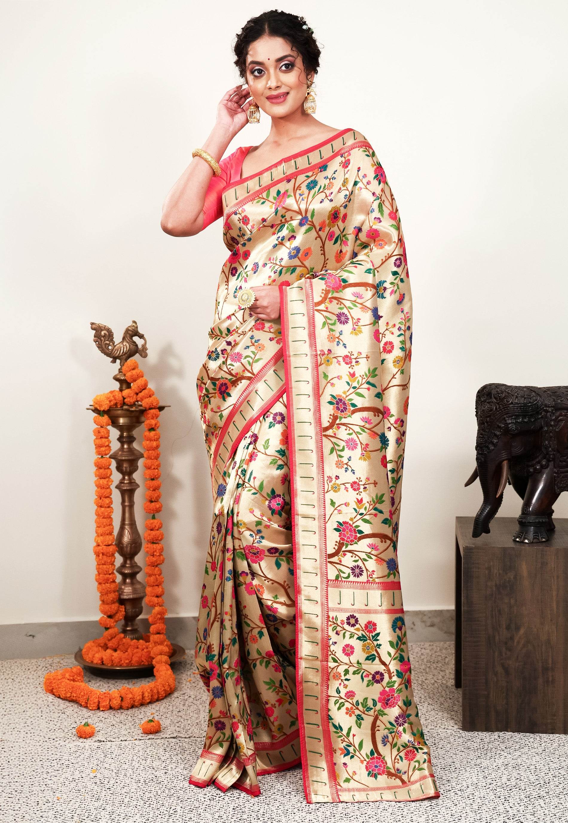 Golden Paithani Silk Saree With Blouse Piece - Adi Akshoy & Co.