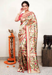 Golden Paithani Silk Saree With Blouse Piece - Adi Akshoy & Co.