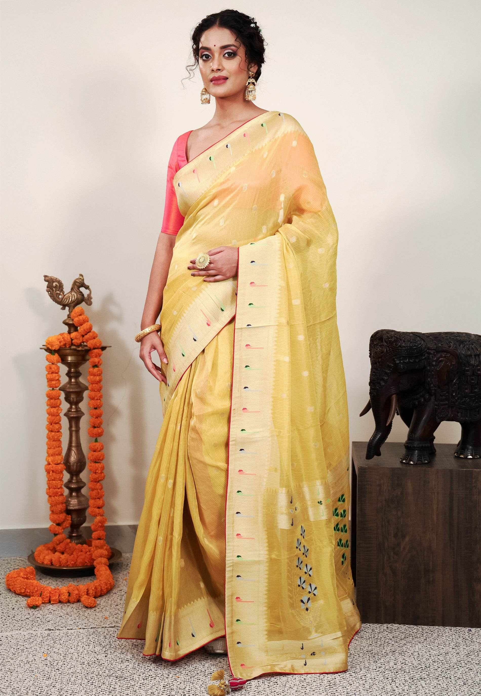 Yellow Paithani Silk Saree With Blouse Piece - Adi Akshoy & Co.
