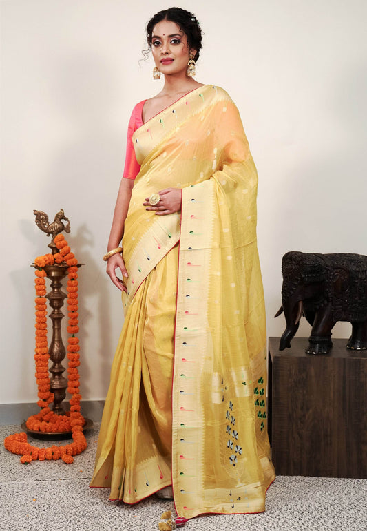 Yellow Paithani Silk Saree With Blouse Piece - Adi Akshoy & Co.