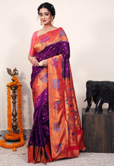 Purple with Red Border Paithani Silk Saree With Blouse Piece - Adi Akshoy & Co.
