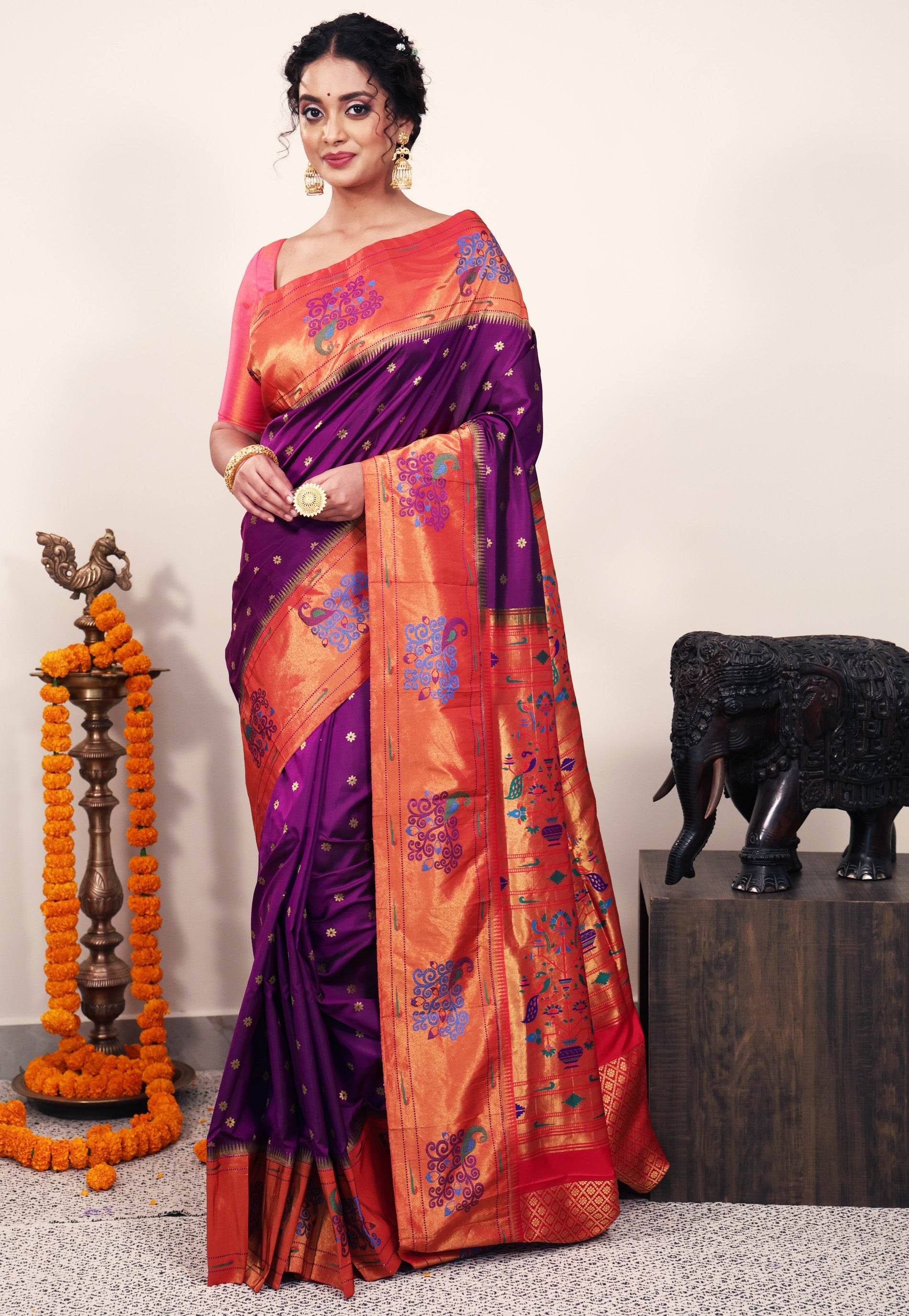 Purple with Red Border Paithani Silk Saree With Blouse Piece - Adi Akshoy & Co.