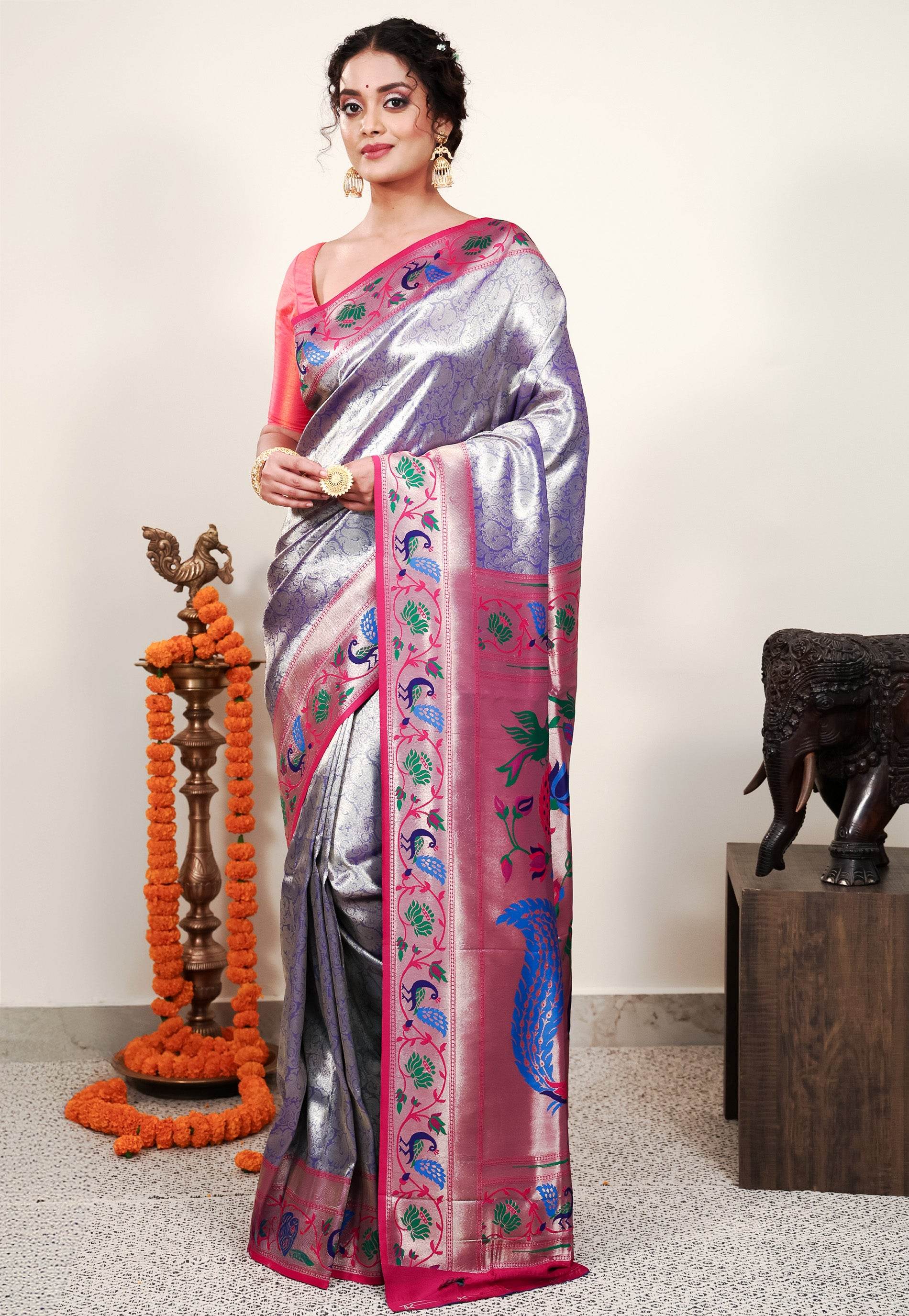 Mauve Tissue Brocade with Rani Pink Border Paithani Silk Saree With Blouse Piece - Adi Akshoy & Co.