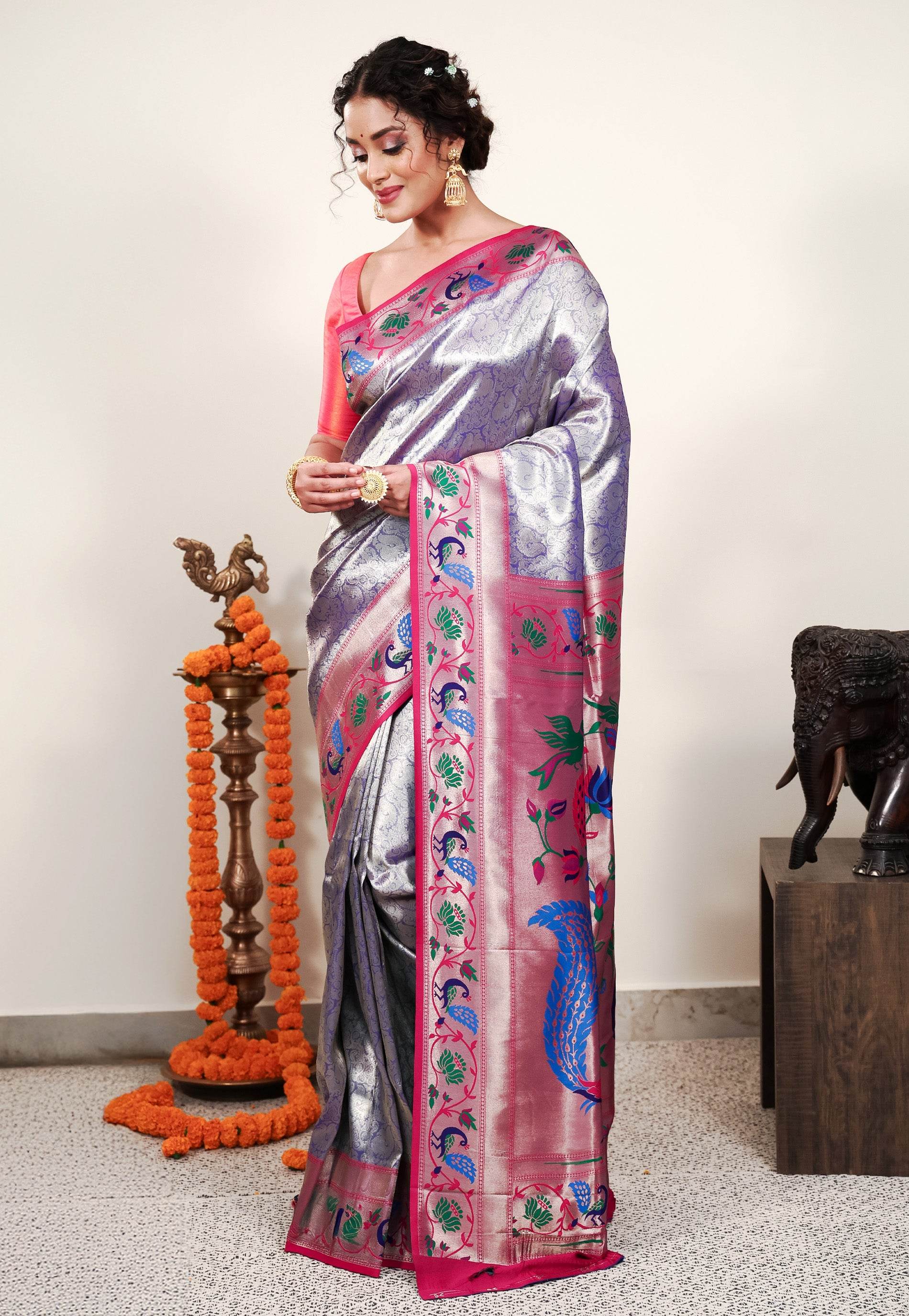 Mauve Tissue Brocade with Rani Pink Border Paithani Silk Saree With Blouse Piece - Adi Akshoy & Co.