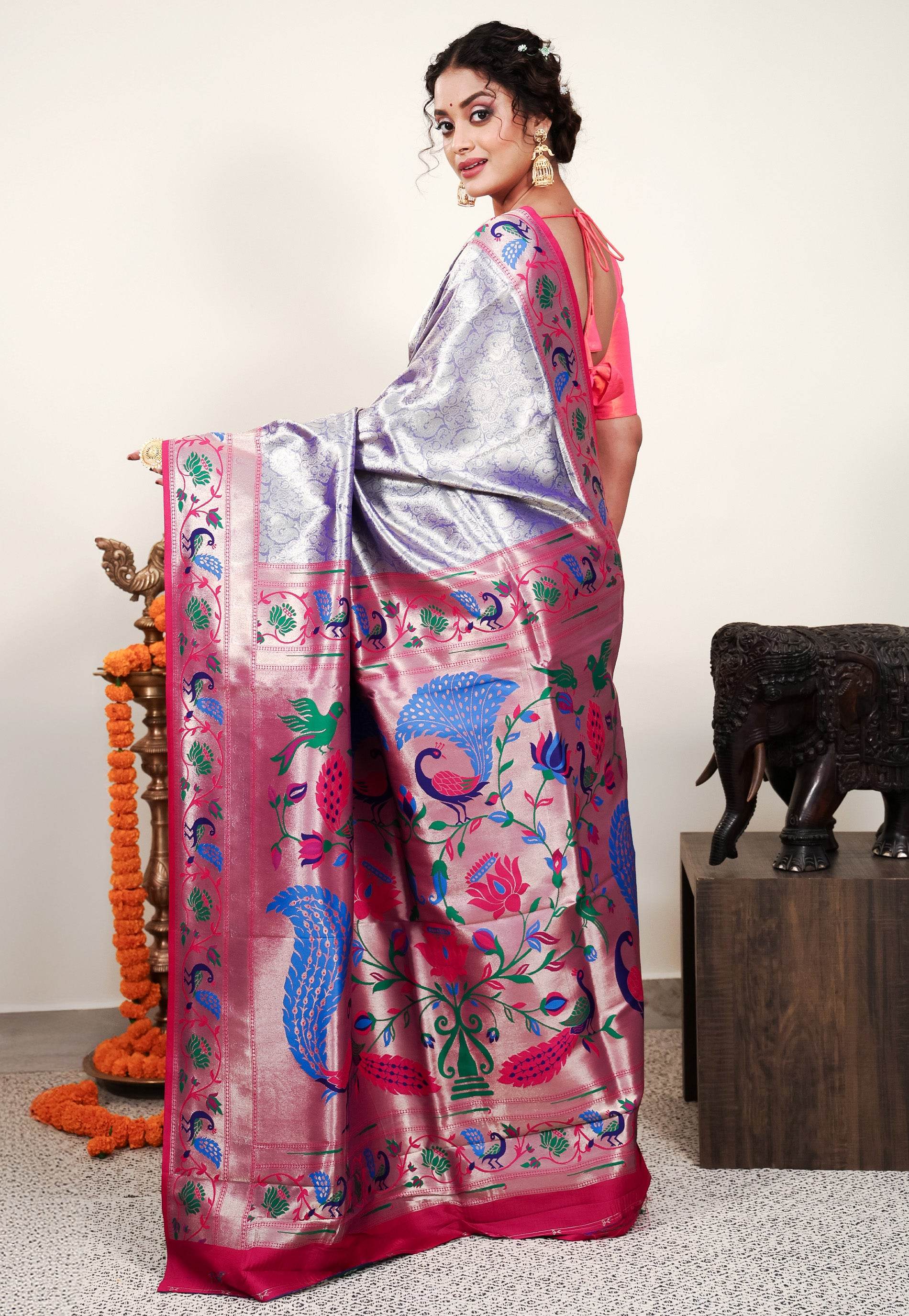 Mauve Tissue Brocade with Rani Pink Border Paithani Silk Saree With Blouse Piece - Adi Akshoy & Co.