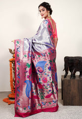 Mauve Tissue Brocade with Rani Pink Border Paithani Silk Saree With Blouse Piece - Adi Akshoy & Co.