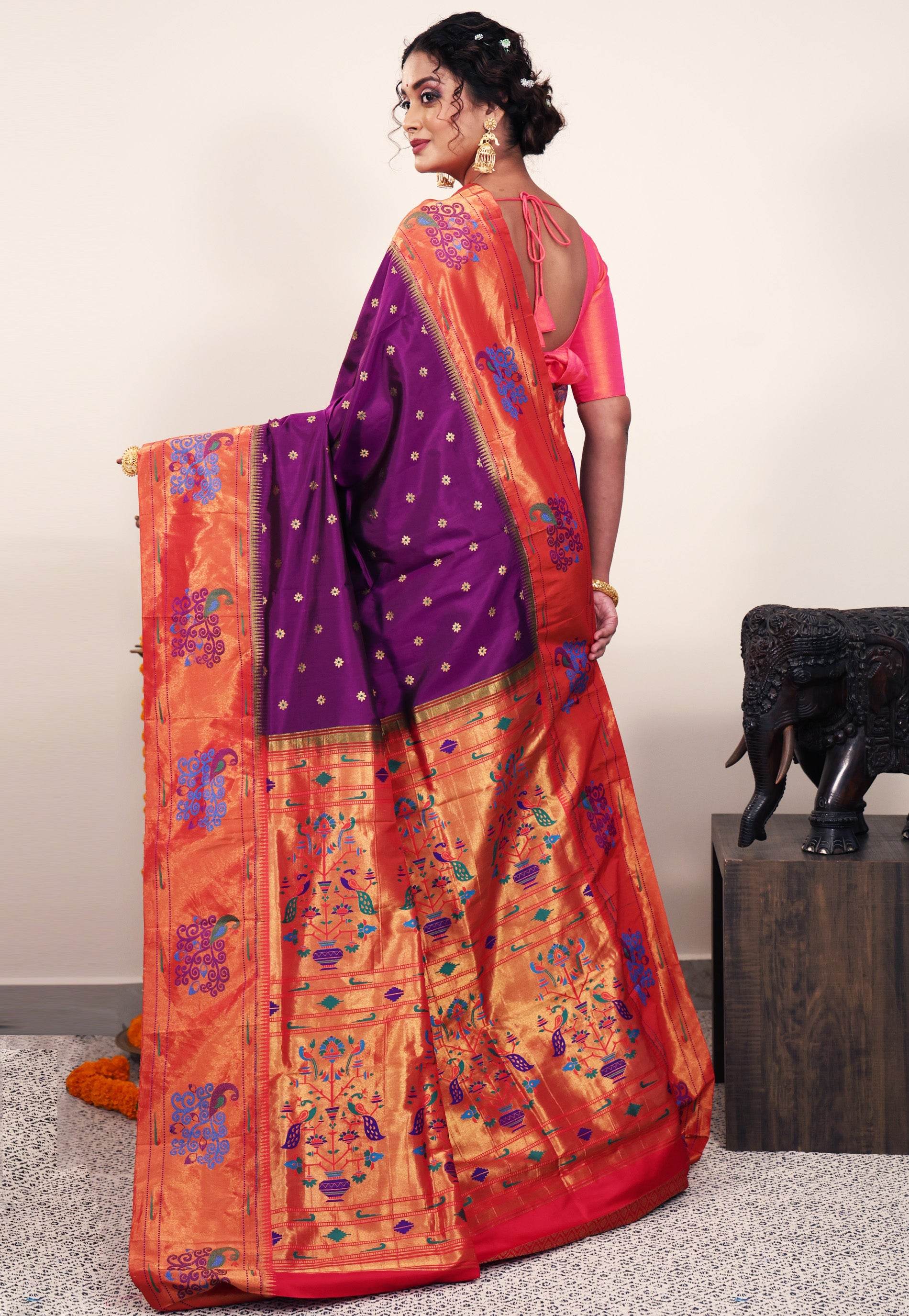 Purple with Red Border Paithani Silk Saree With Blouse Piece - Adi Akshoy & Co.