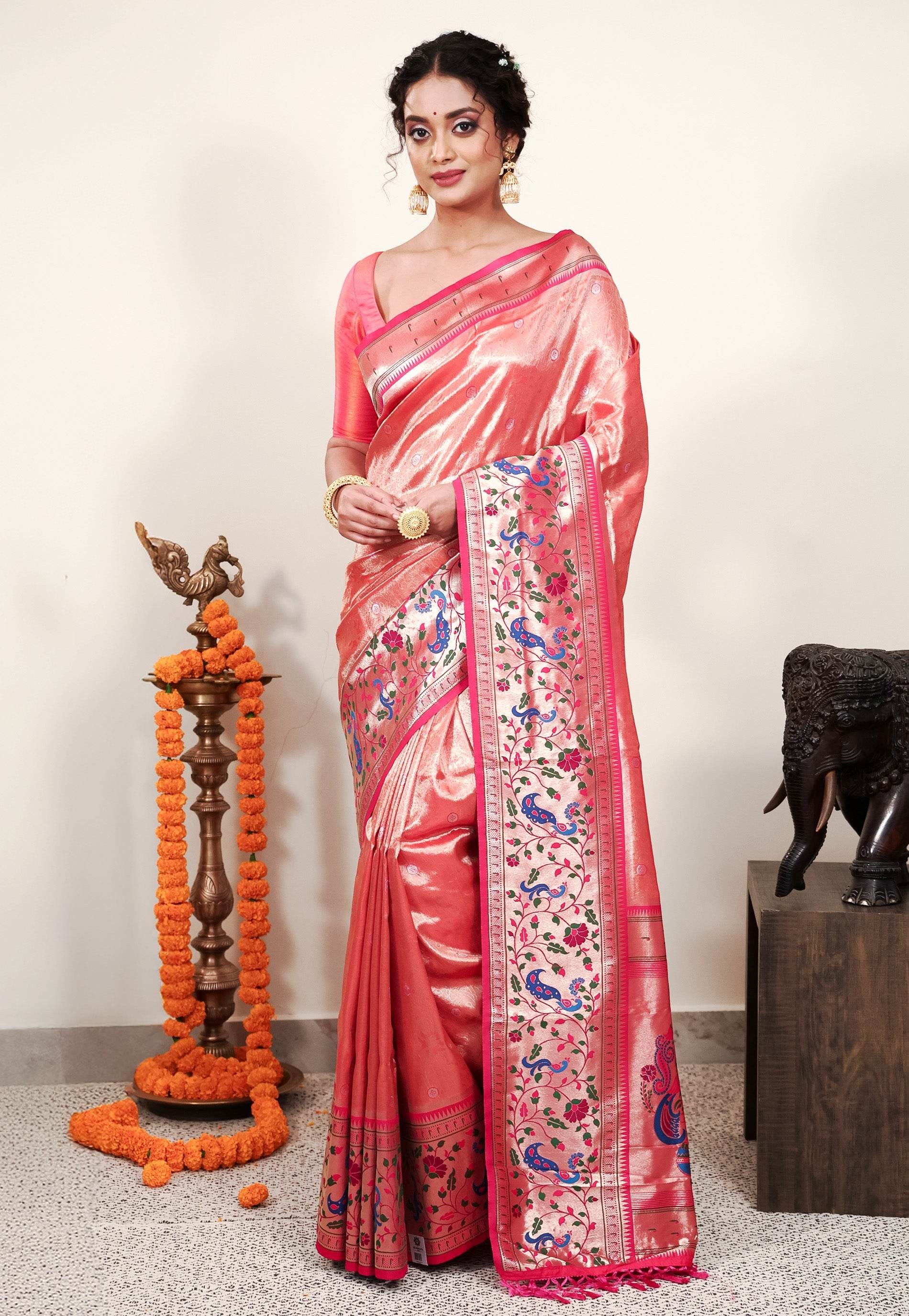 Red Tissue Brocade with Rani Pink Border Paithani Silk Saree With Blouse Piece - Adi Akshoy & Co.