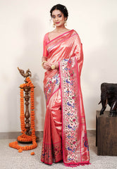 Red Tissue Brocade with Rani Pink Border Paithani Silk Saree With Blouse Piece - Adi Akshoy & Co.