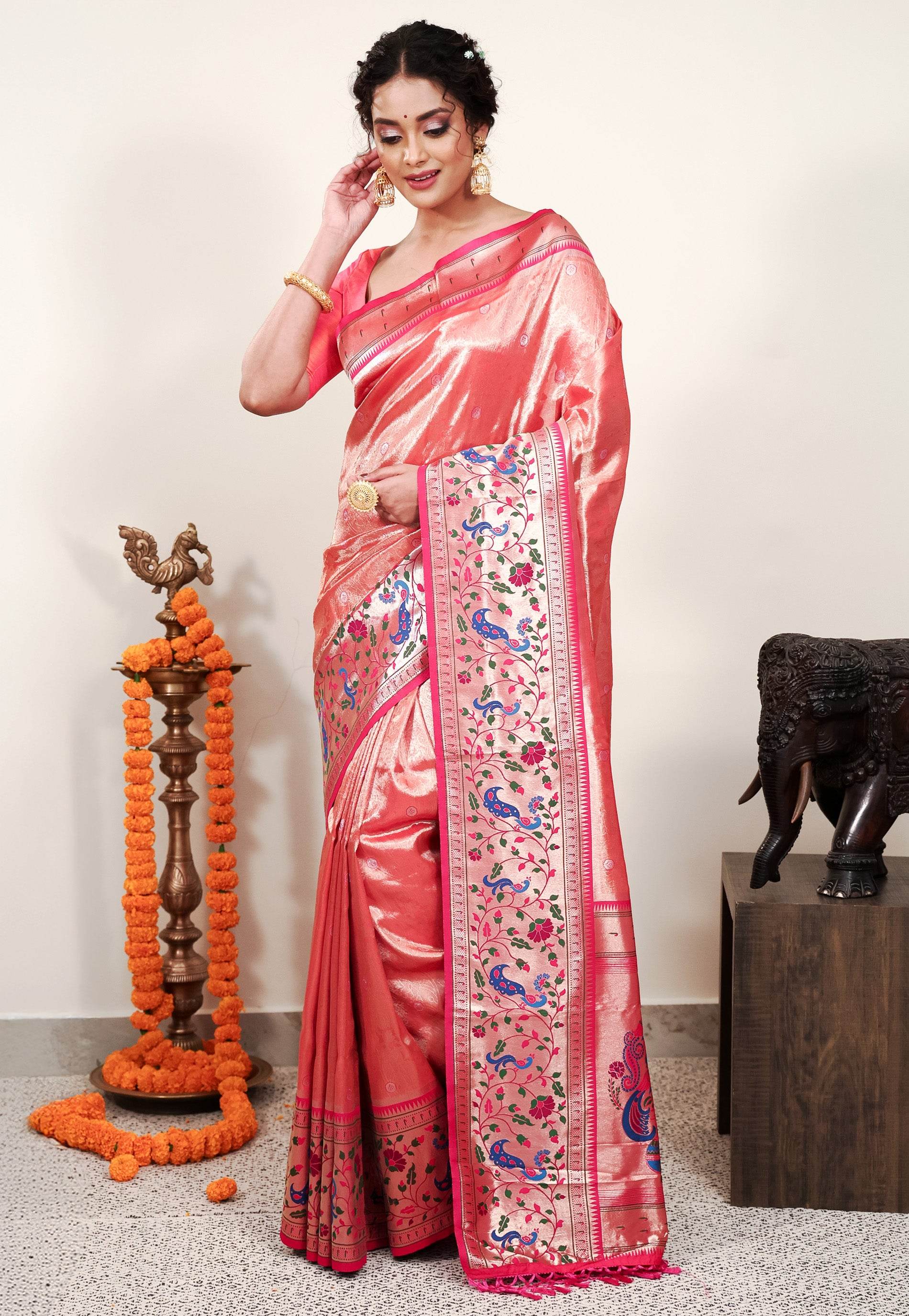 Red Tissue Brocade with Rani Pink Border Paithani Silk Saree With Blouse Piece - Adi Akshoy & Co.