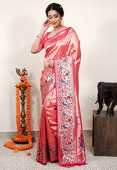 Red Tissue Brocade with Rani Pink Border Paithani Silk Saree With Blouse Piece - Adi Akshoy & Co.