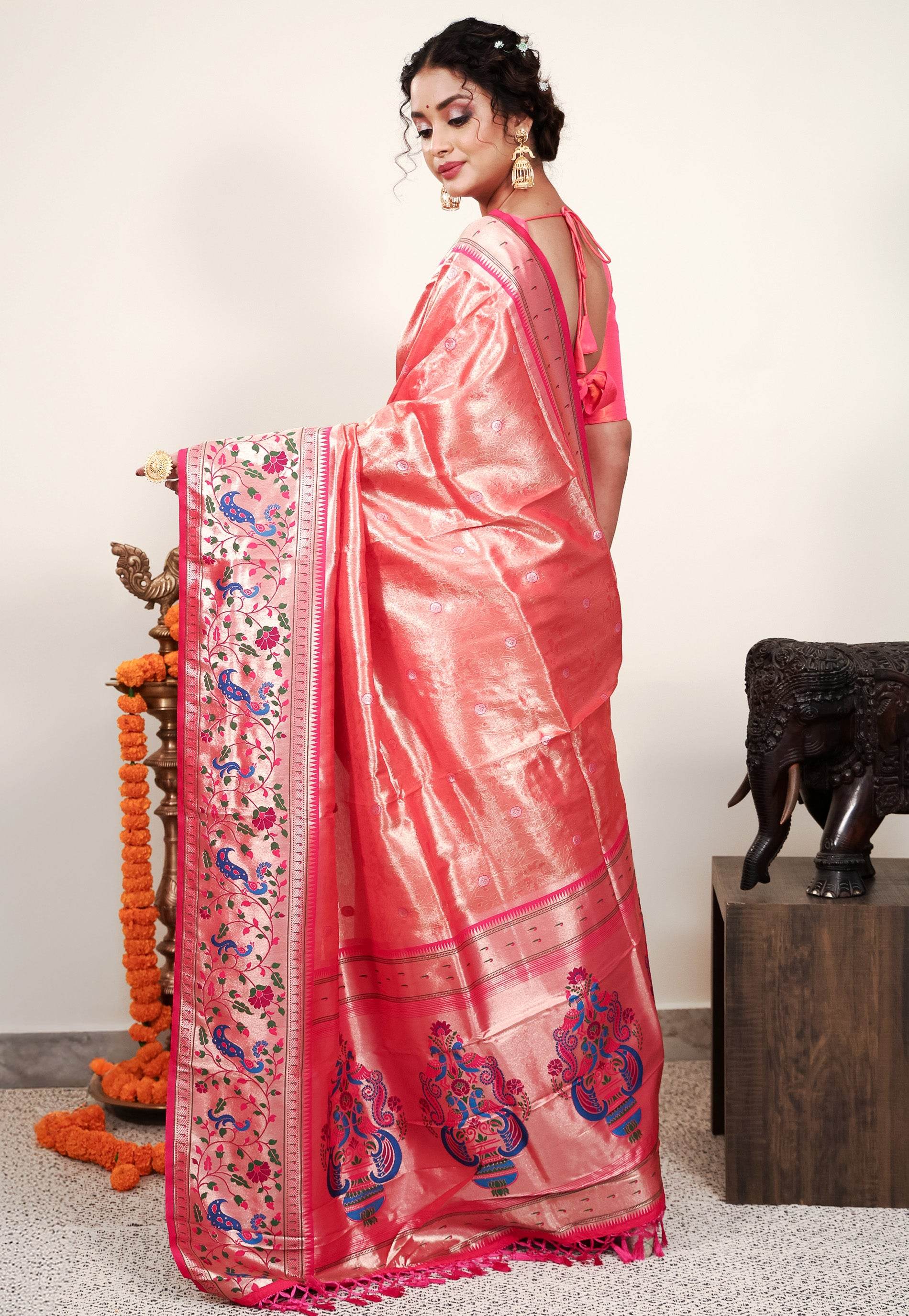Red Tissue Brocade with Rani Pink Border Paithani Silk Saree With Blouse Piece - Adi Akshoy & Co.