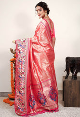 Red Tissue Brocade with Rani Pink Border Paithani Silk Saree With Blouse Piece - Adi Akshoy & Co.