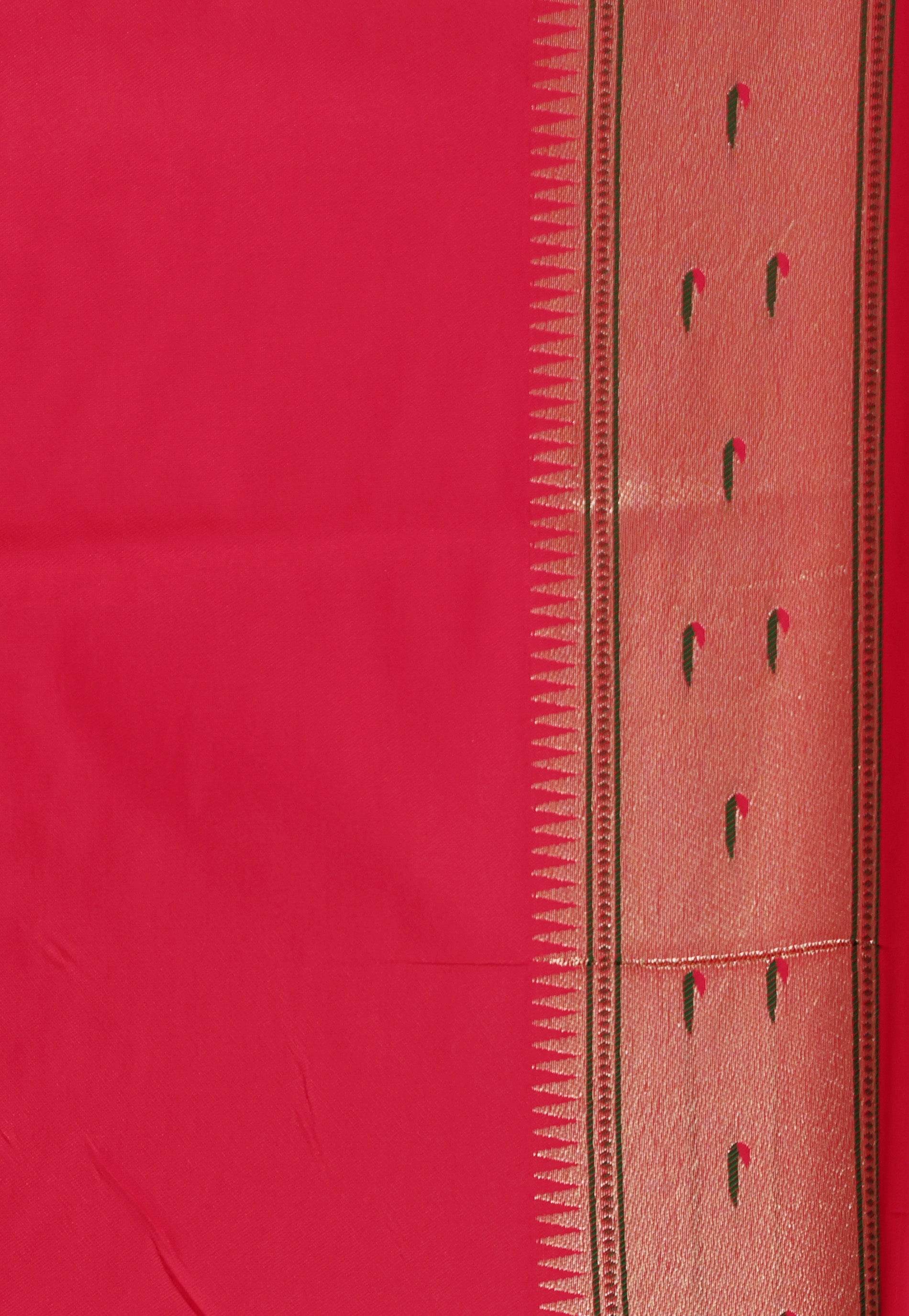 Red Tissue Brocade with Rani Pink Border Paithani Silk Saree With Blouse Piece - Adi Akshoy & Co.