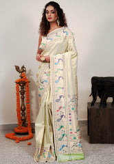 Golden Tissue Paithani Pure Silk Saree With Blouse Piece - Adi Akshoy & Co.