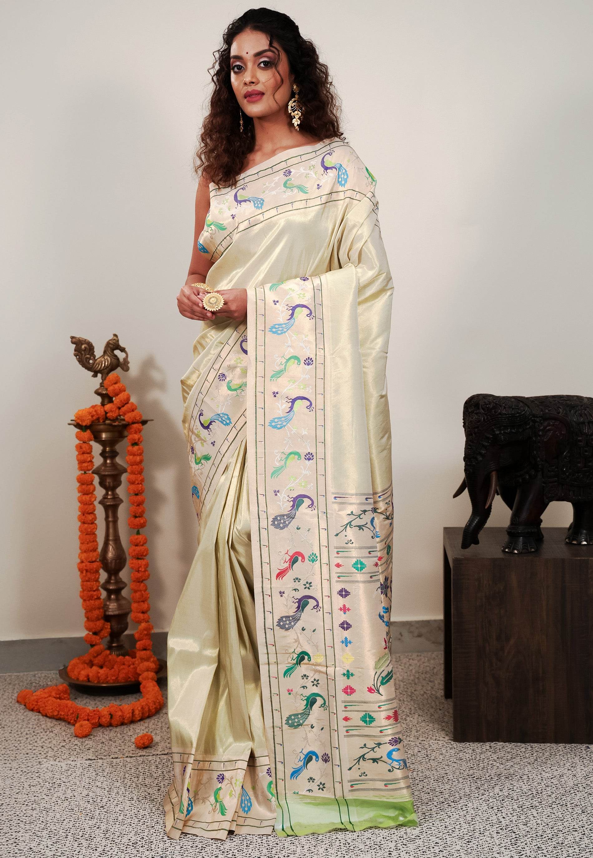 Golden Tissue Paithani Pure Silk Saree With Blouse Piece - Adi Akshoy & Co.
