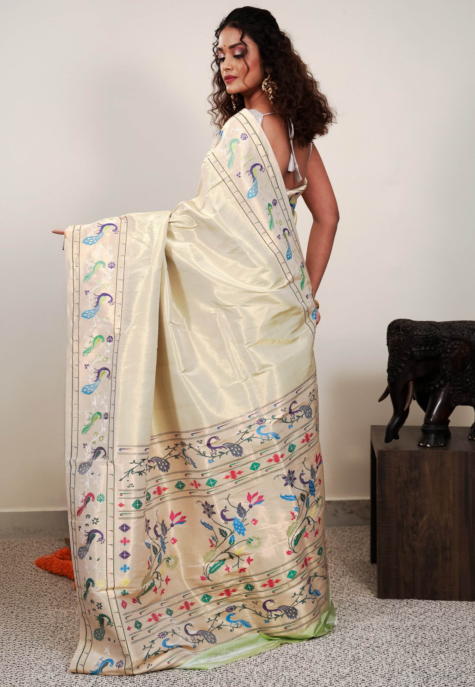 Golden Tissue Paithani Pure Silk Saree With Blouse Piece - Adi Akshoy & Co.