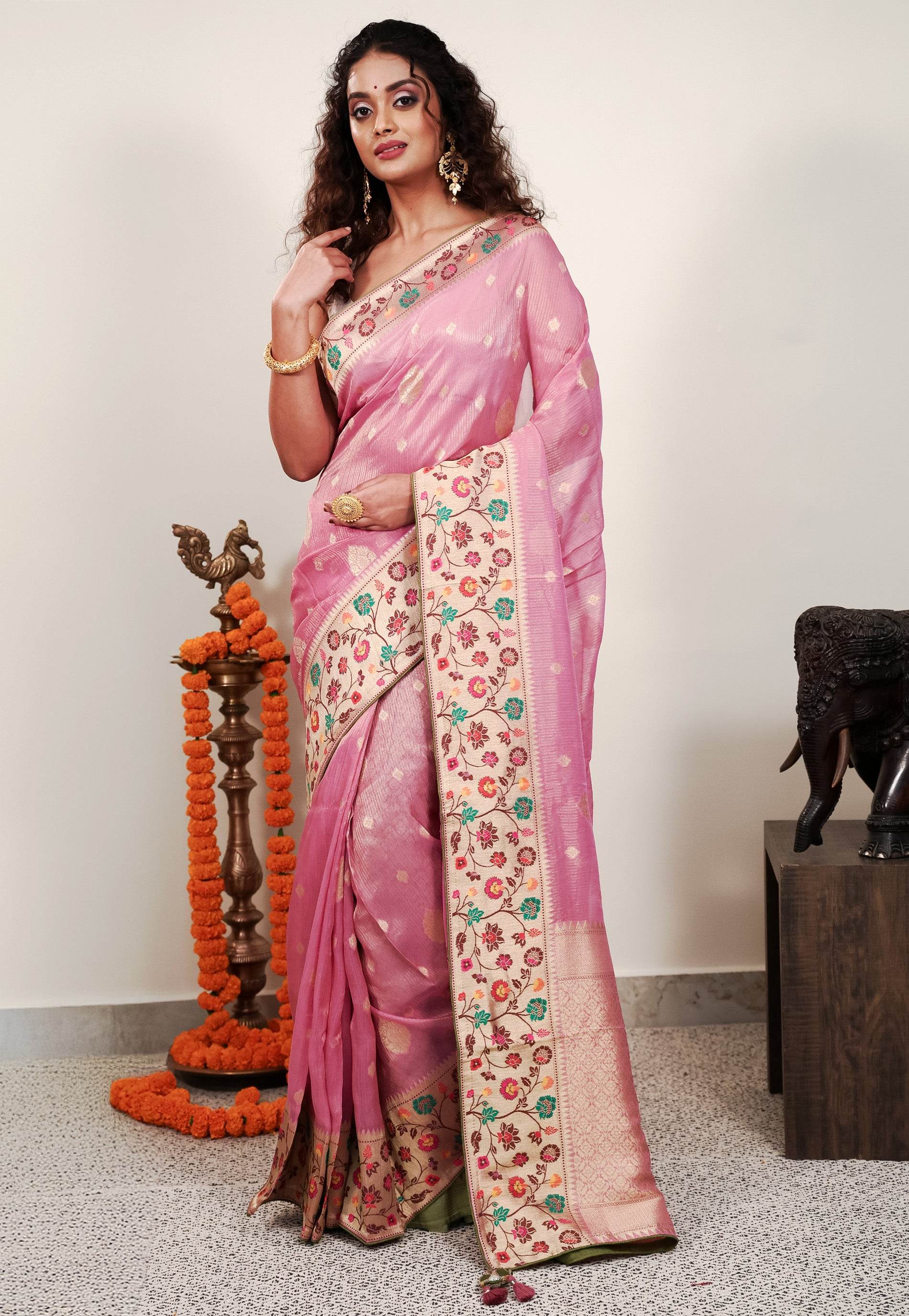 Pink Paithani Silk Saree With Blouse Piece - Adi Akshoy & Co.