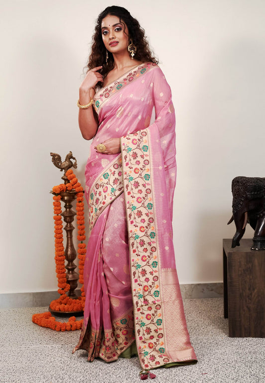 Pink Paithani Silk Saree With Blouse Piece - Adi Akshoy & Co.