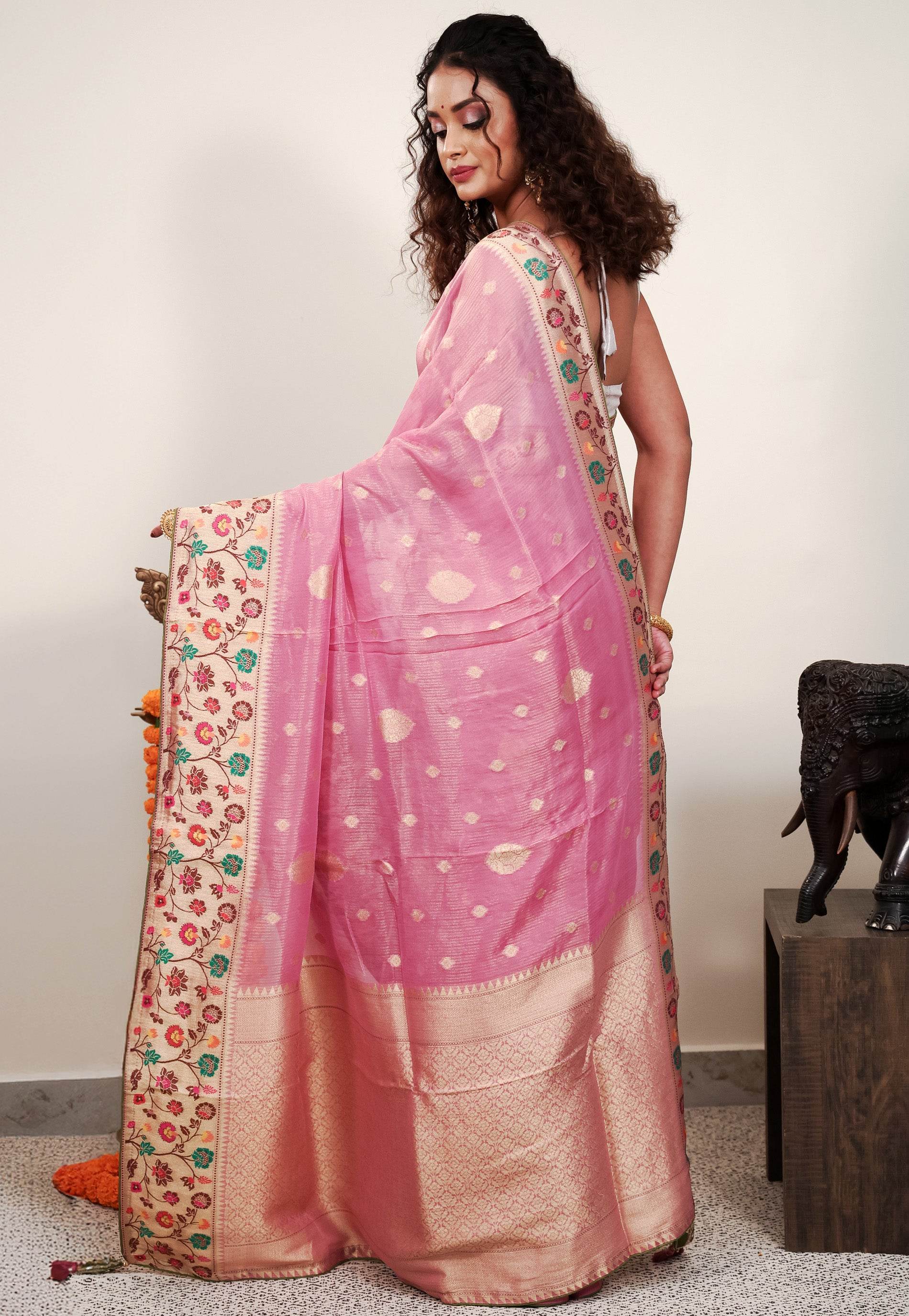 Pink Paithani Silk Saree With Blouse Piece - Adi Akshoy & Co.