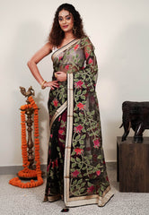 Black Kora Silk Saree With Blouse Piece - Adi Akshoy & Co.