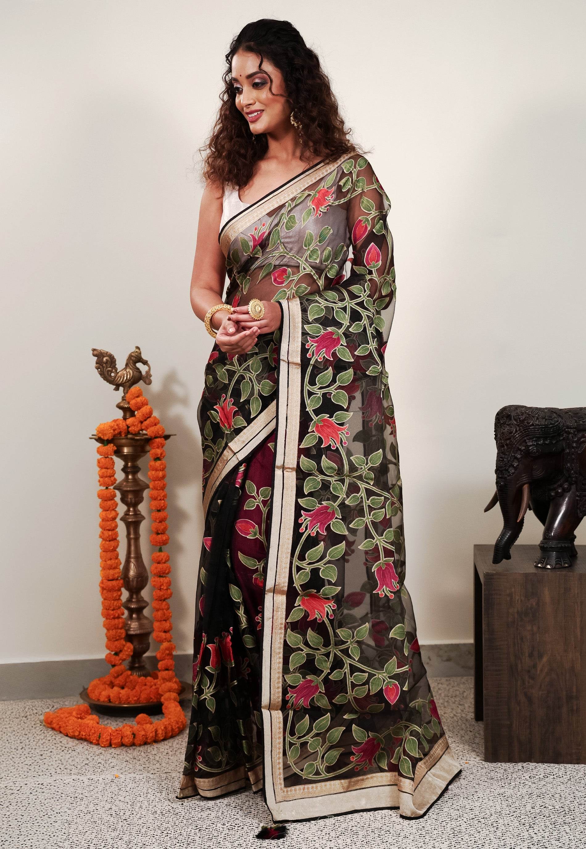Black Kora Silk Saree With Blouse Piece - Adi Akshoy & Co.