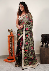 Black Kora Silk Saree With Blouse Piece - Adi Akshoy & Co.