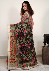 Black Kora Silk Saree With Blouse Piece - Adi Akshoy & Co.