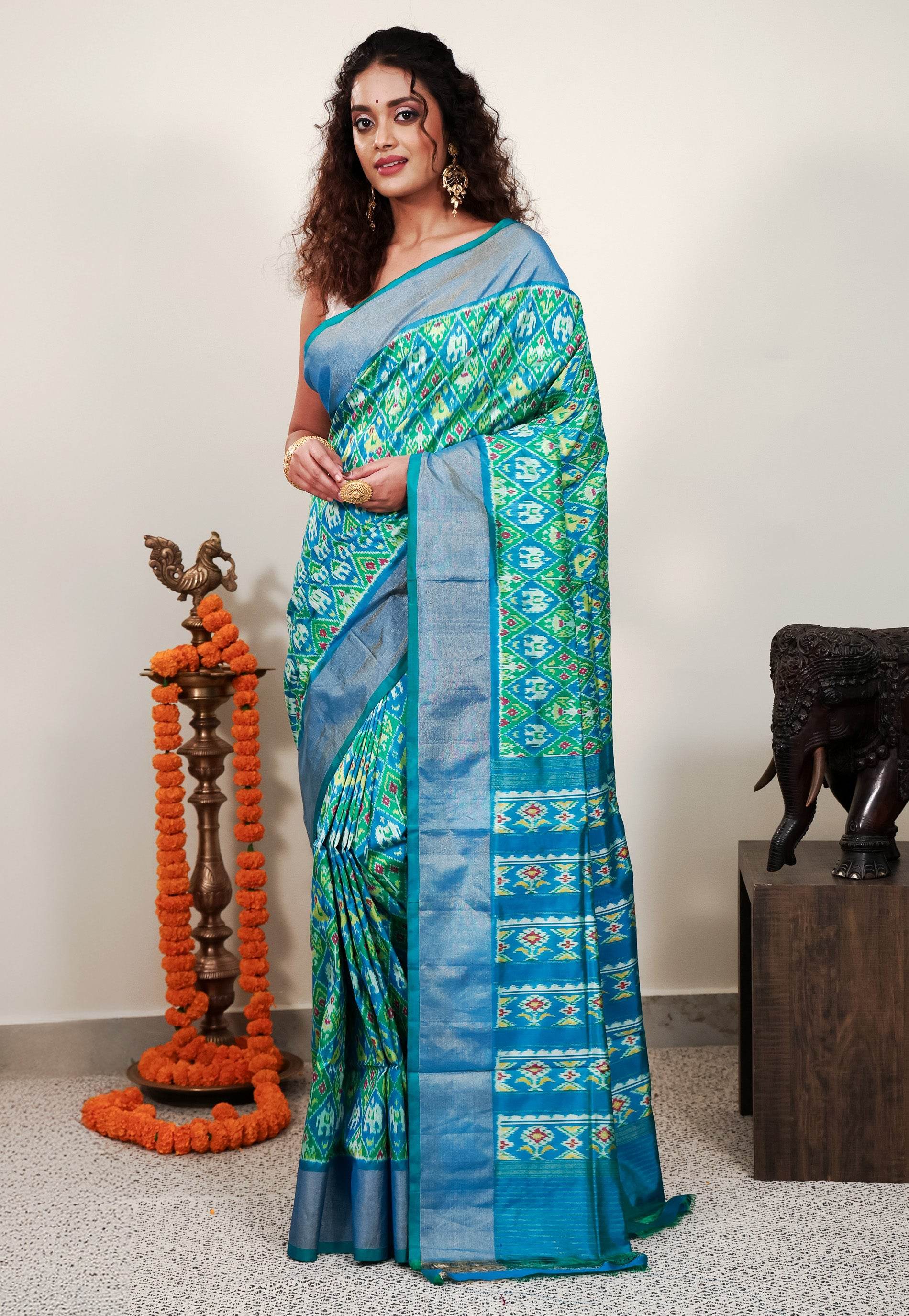 Cross Green and Blue Ikkat Pure Silk Saree With Blouse Piece - Adi Akshoy & Co.