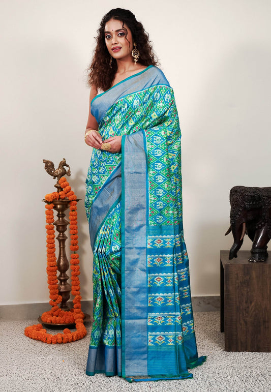 Cross Green and Blue Ikkat Pure Silk Saree With Blouse Piece - Adi Akshoy & Co.