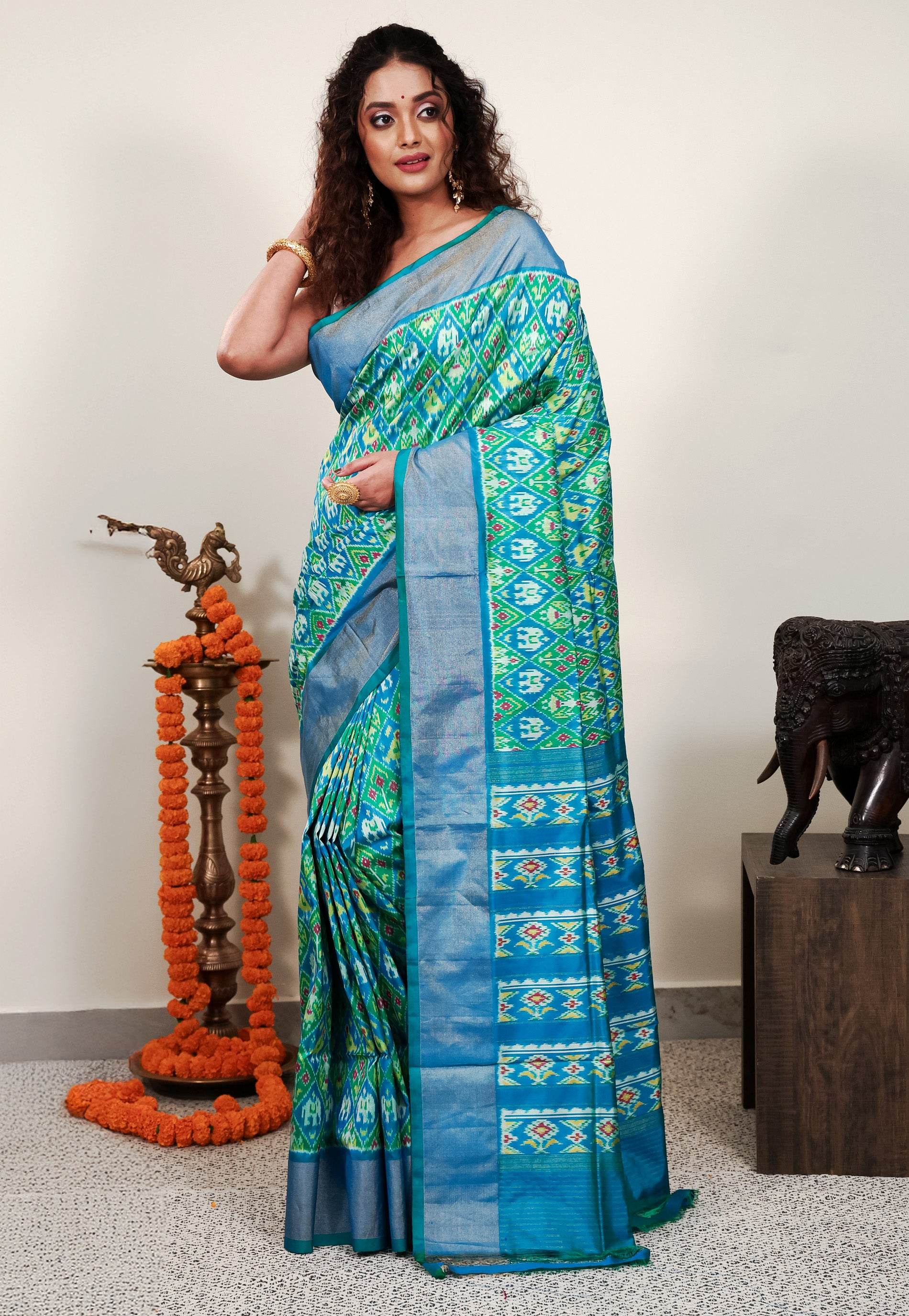 Cross Green and Blue Ikkat Pure Silk Saree With Blouse Piece - Adi Akshoy & Co.