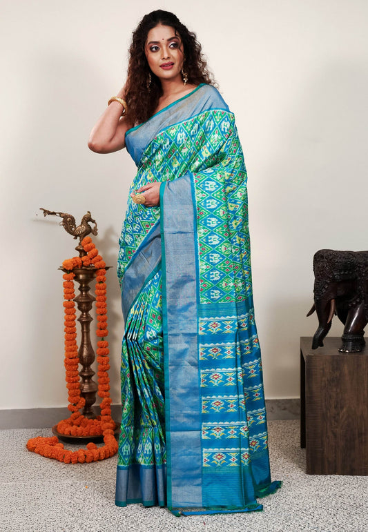 Cross Green and Blue Ikkat Pure Silk Saree With Blouse Piece - Adi Akshoy & Co.