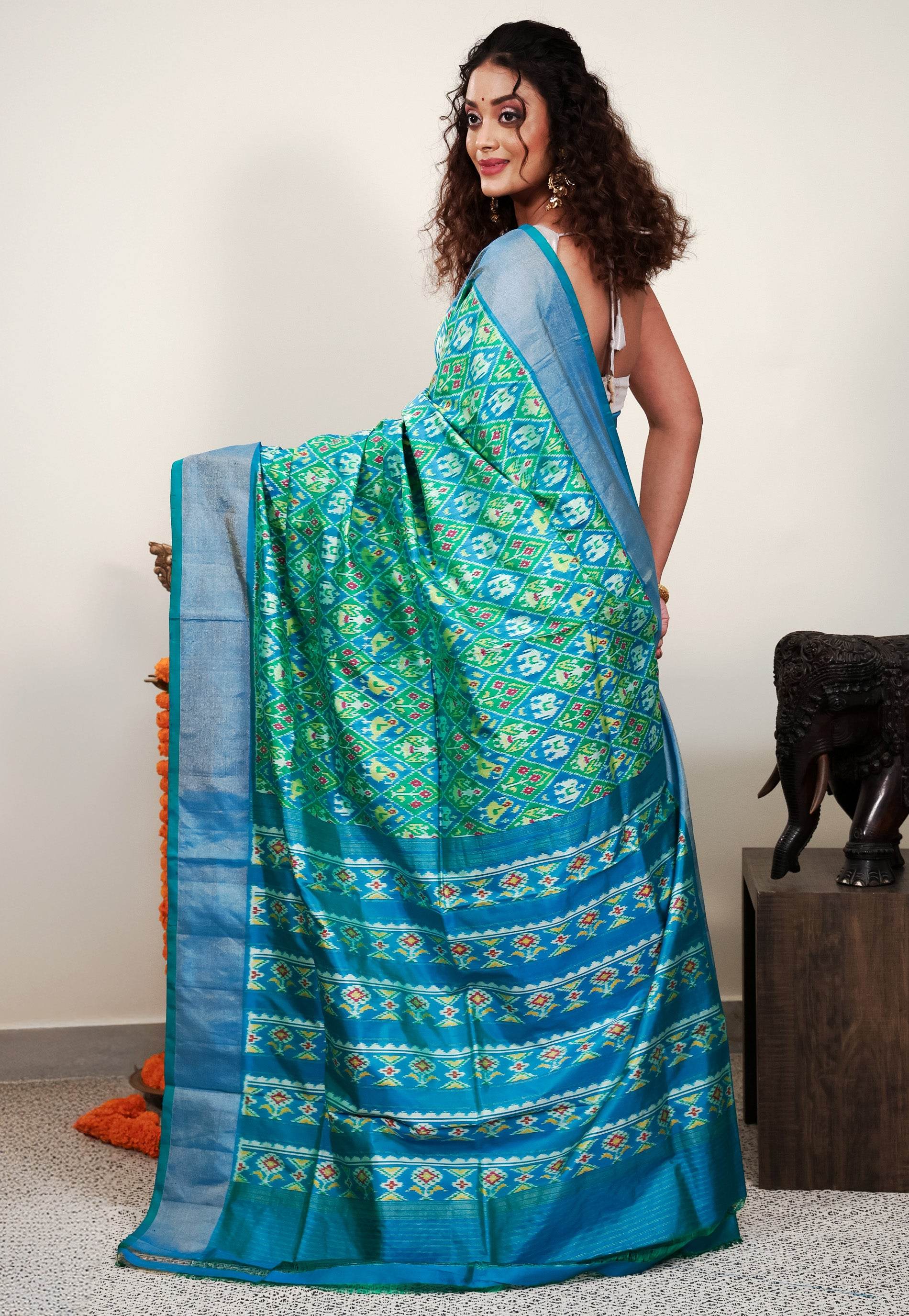 Cross Green and Blue Ikkat Pure Silk Saree With Blouse Piece - Adi Akshoy & Co.