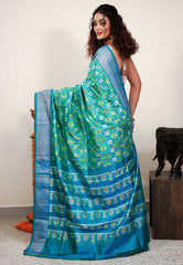 Cross Green and Blue Ikkat Pure Silk Saree With Blouse Piece - Adi Akshoy & Co.