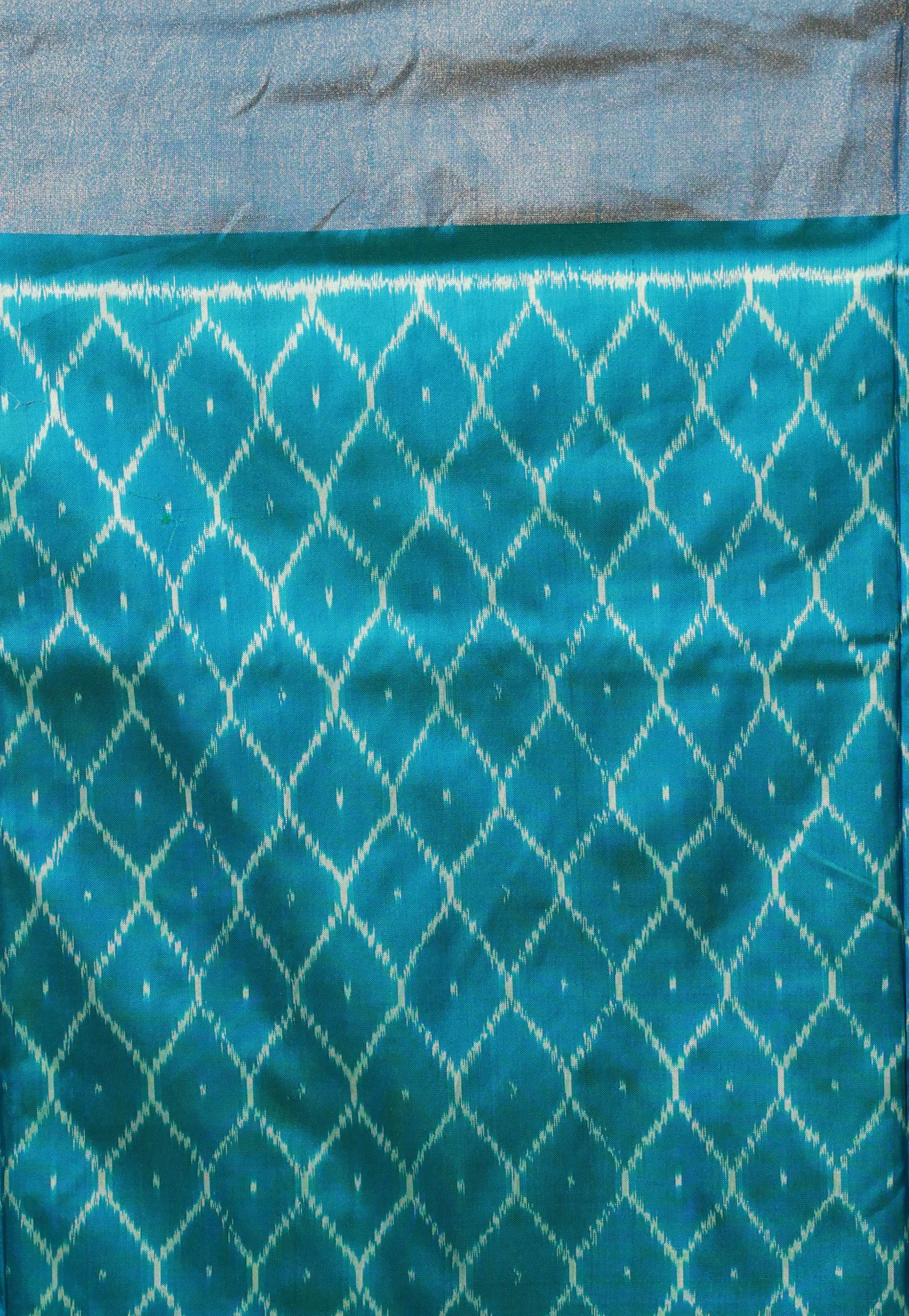 Cross Green and Blue Ikkat Pure Silk Saree With Blouse Piece - Adi Akshoy & Co.