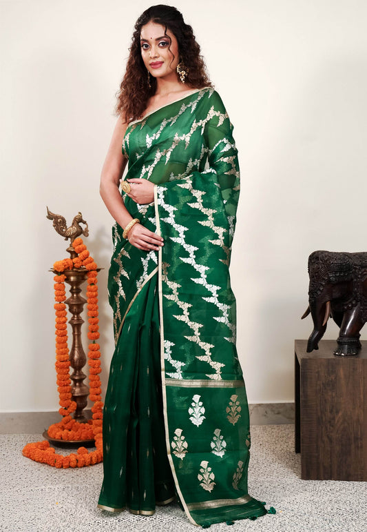 Bottle Green Kora Pure Silk Saree With Blouse Piece - Adi Akshoy & Co.